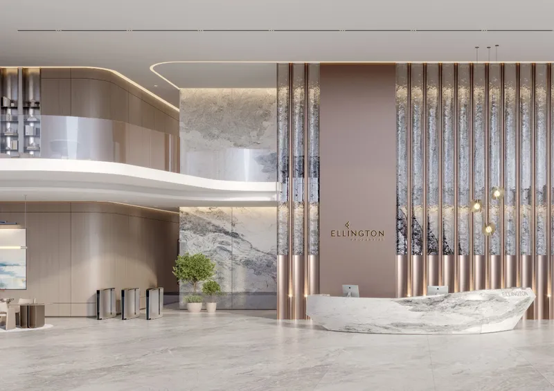 Render of the Berkeley Tower main lobby with a double-height reception backdrop, sculptural desk, porcelain floor and timber details