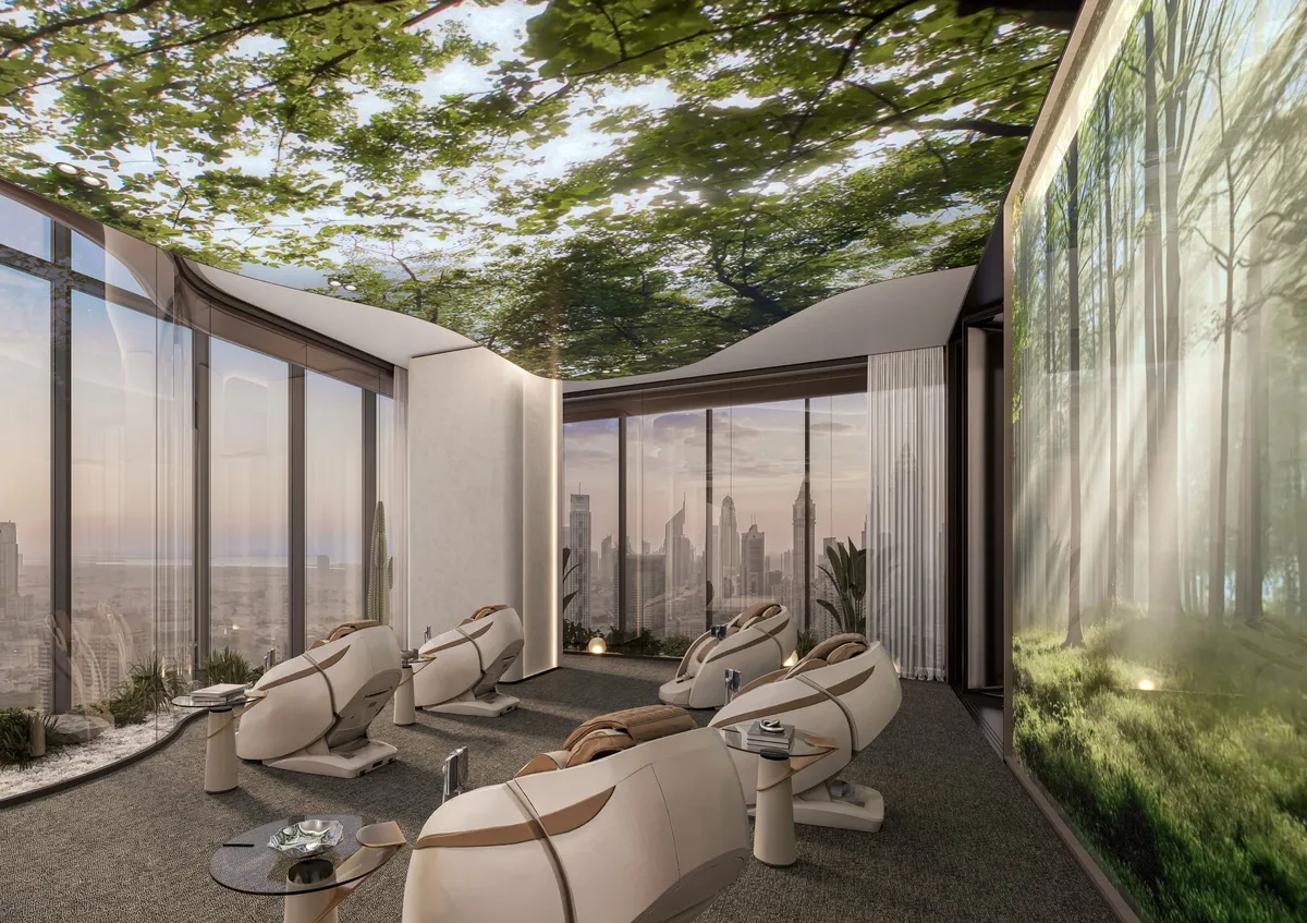 Render of the rest-and-recharge lounge at Berkeley Tower with soft seating and warm lighting