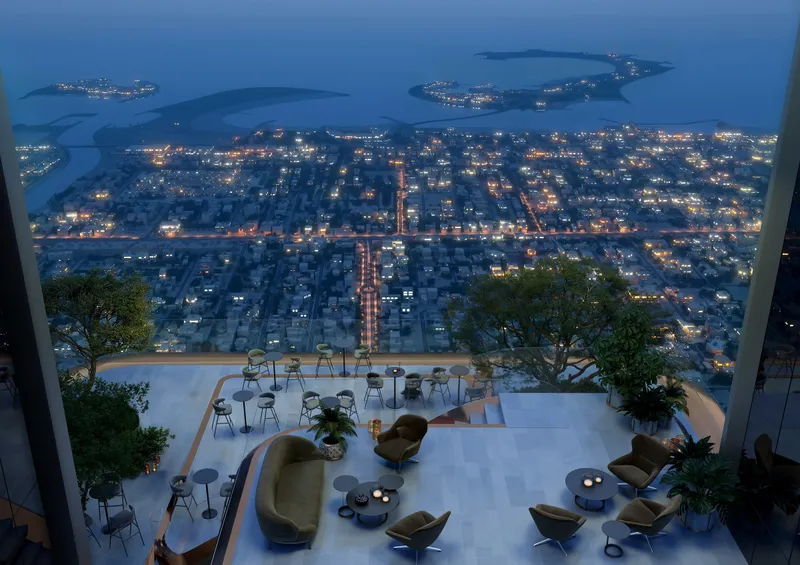 Night render of a landscaped terrace at Berkeley Tower looking out over the city lights