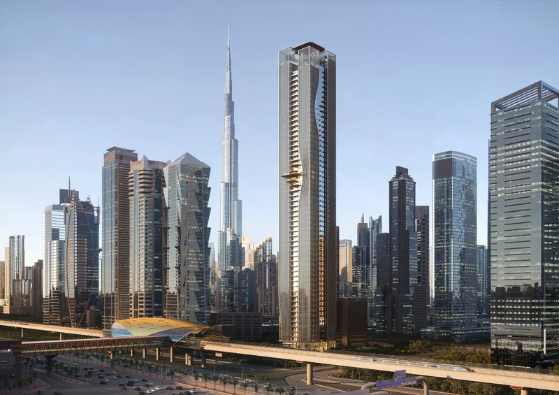 Daytime render of Berkeley Tower in Business Bay with Burj Khalifa and the Downtown Dubai skyline behind