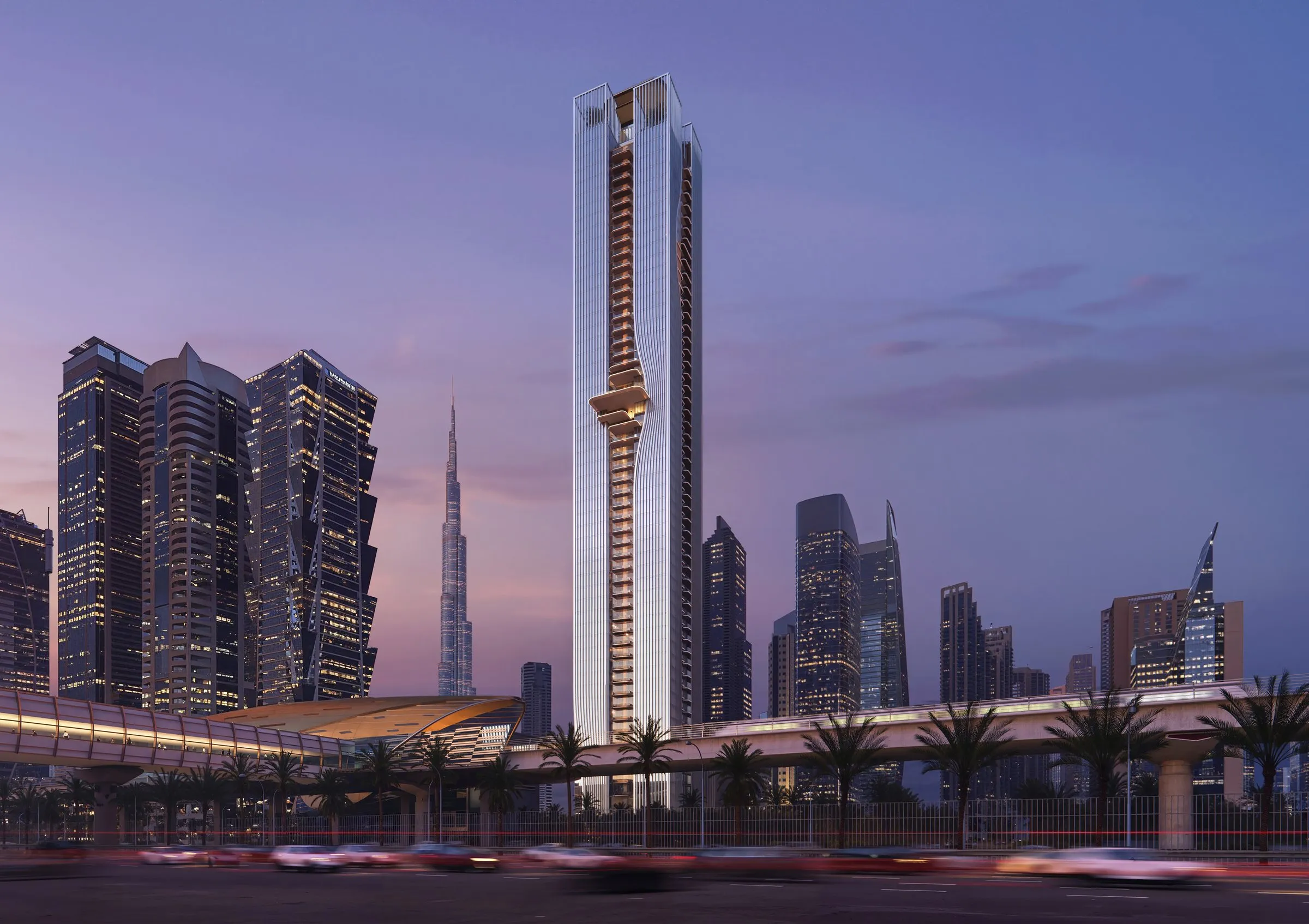 Render of Berkeley Tower at dusk rising above Sheikh Zayed Road and the Dubai Metro line, its pleated façade lit from within