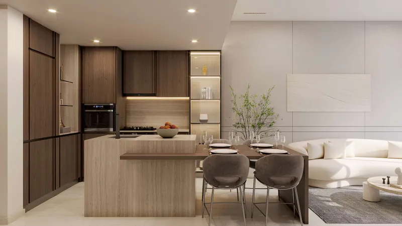 Render of an apartment at Beverly Park with an open kitchen, dining table and living area