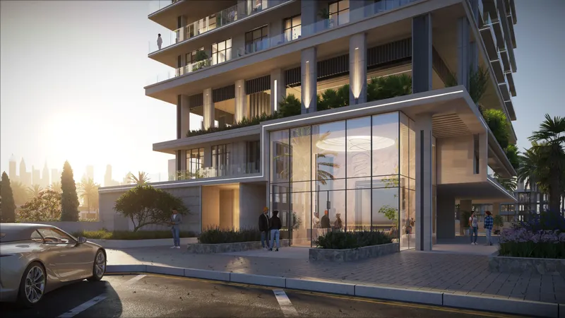 Render of the double-height glazed entrance lobby of Beverly Park at street level