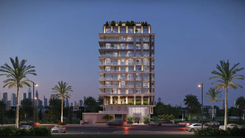 Evening render of the front of Beverly Park, a slim apartment building with lit balconies, palm trees and a planted roof