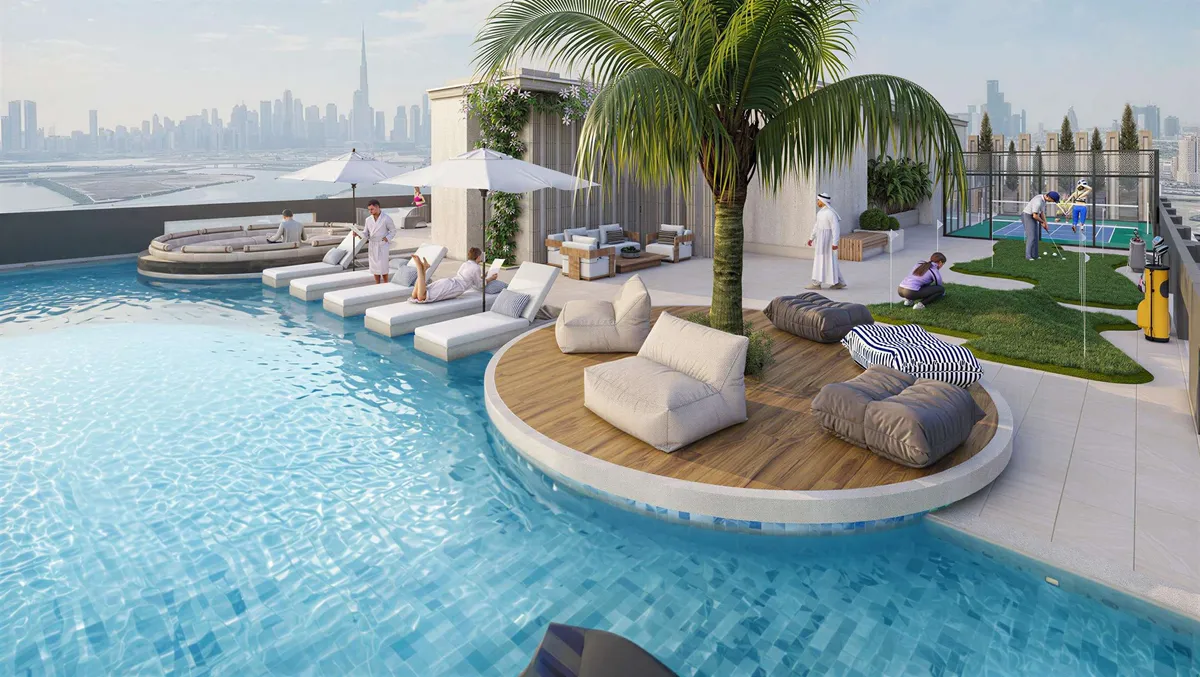 Render of the rooftop pool at Beverly Park with an island lounge, sunbeds and a putting green