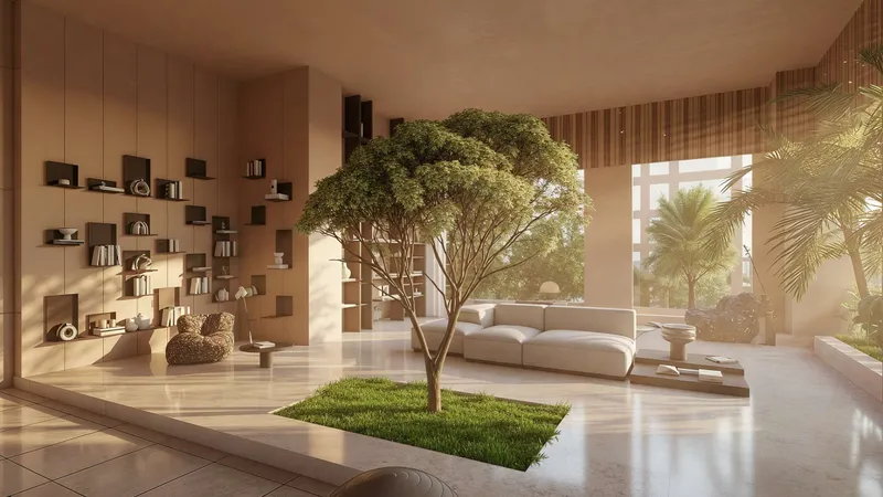 Render of the indoor zen garden and lounge on Beverly Park's second-floor amenity level, with a tree and built-in shelving