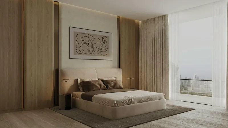 Render of a bedroom with a full-height window in a Binghatti Amberhall apartment
