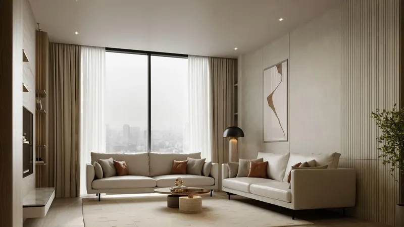 Render of a living room with a full-height window in a Binghatti Amberhall apartment