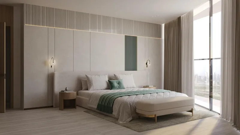 Render of a bedroom with a full-height window in a Binghatti Aquarise apartment