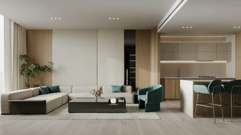 Render of an open-plan living room and kitchen in a Binghatti Aquarise apartment