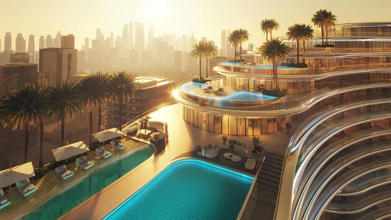 Render of stepped pool terraces at Binghatti Aquarise at sunset, with the city skyline beyond