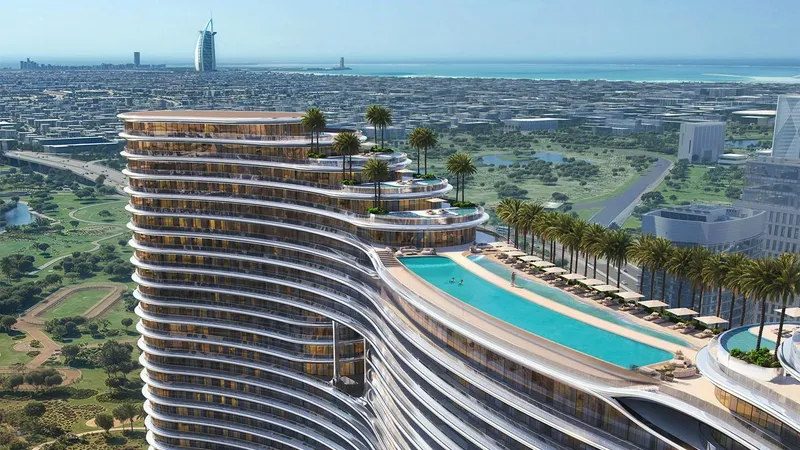 Render of the long rooftop pool lined with palms on top of Binghatti Aquarise