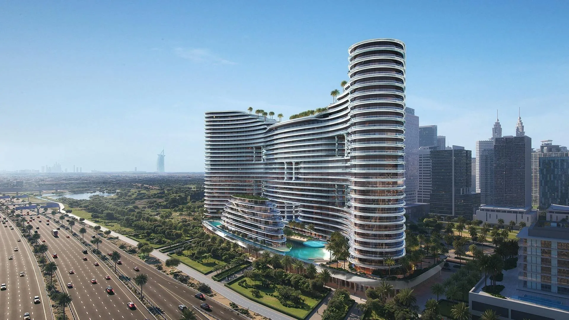 Computer-generated render of the wave-shaped Binghatti Aquarise building in Business Bay by day, with its podium pool and the road in front