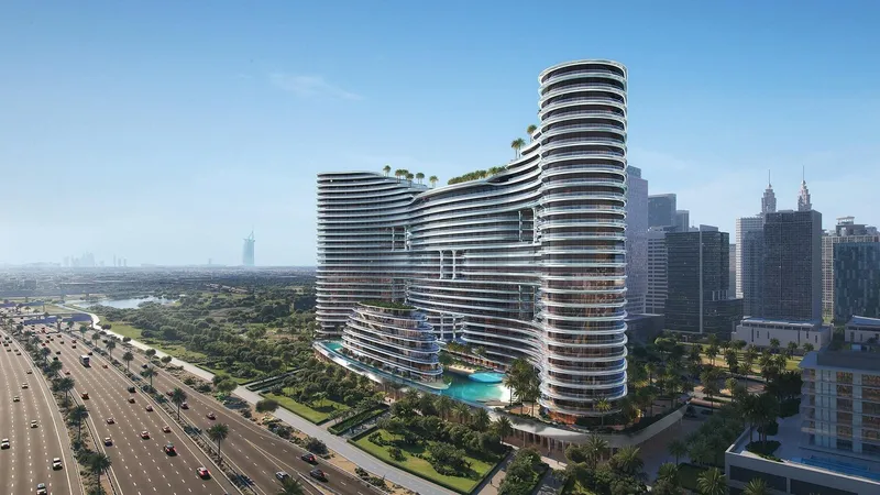 Computer-generated render of the wave-shaped Binghatti Aquarise building in Business Bay by day, with its podium pool and the road in front
