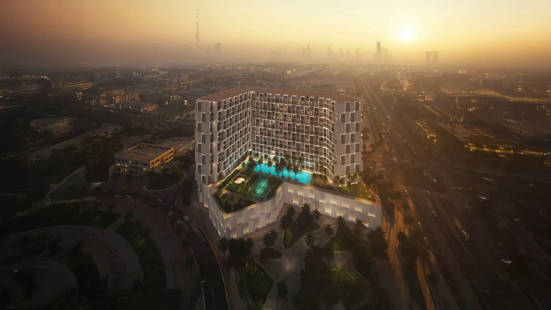 Computer-generated aerial render of the curved Binghatti Cullinan building in Al Jaddaf at sunset, with the Downtown Dubai skyline on the horizon
