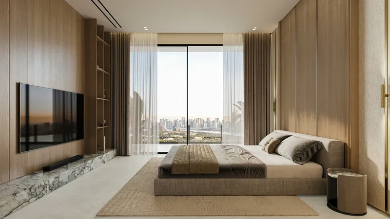 Render of a bedroom with timber wall panelling and a skyline view in a Binghatti Cullinan apartment