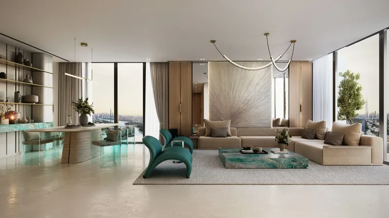 Render of an open-plan living room and kitchen counter in a Binghatti Cullinan apartment