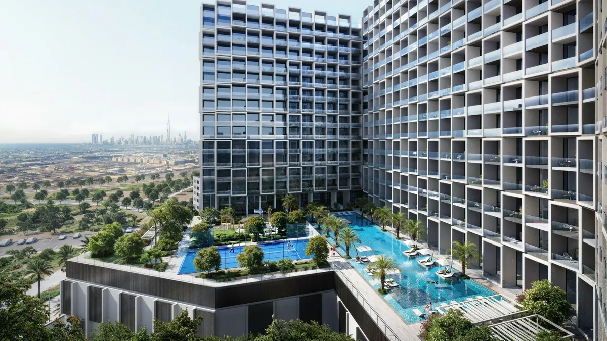 Render of the pool and landscaped courtyard inside the curve of Binghatti Cullinan
