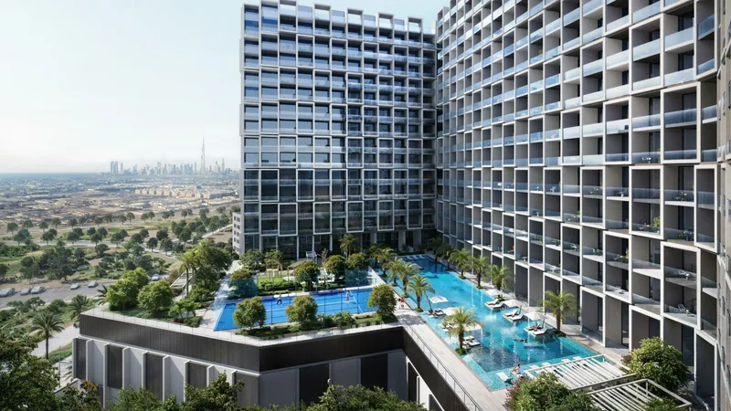 Render of the pool and landscaped courtyard inside the curve of Binghatti Cullinan