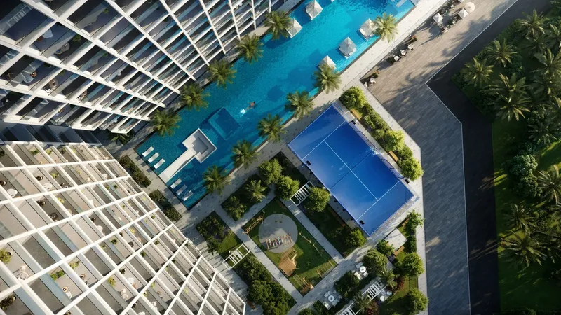 Overhead render of the pool, sports court and gardens on the Binghatti Cullinan amenity deck