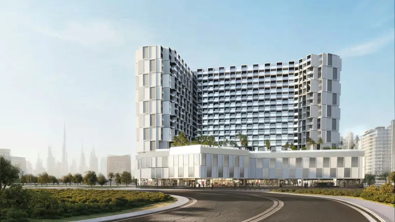 Render of Binghatti Cullinan from the road, with shops along the ground floor and the Burj Khalifa in the distance