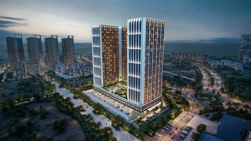 Aerial render of Binghatti Elite and its podium in Dubai Production City at dusk