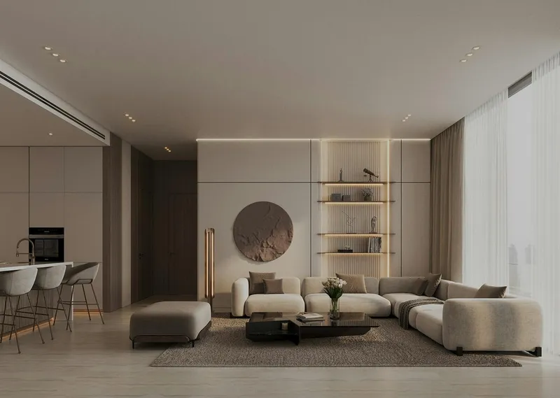 Render of a living room with an open kitchen in a Binghatti Elite apartment