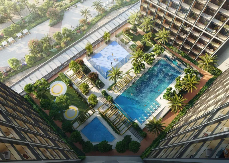 Render from above of the pools, basketball court and gardens on the Binghatti Elite podium