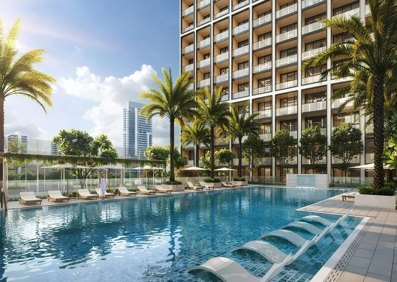 Render of the adults' pool with in-water loungers at Binghatti Elite