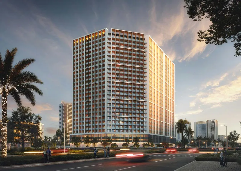 Render of Binghatti Elite seen from the street in the evening