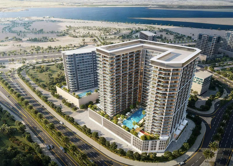 Aerial render of Binghatti Ghost in Al Jaddaf with its podium pool and Dubai Creek beyond