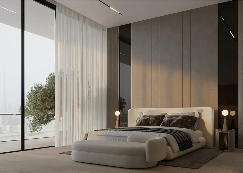 Render of a bedroom in a Binghatti Ghost apartment with a panelled wall and a skyline view