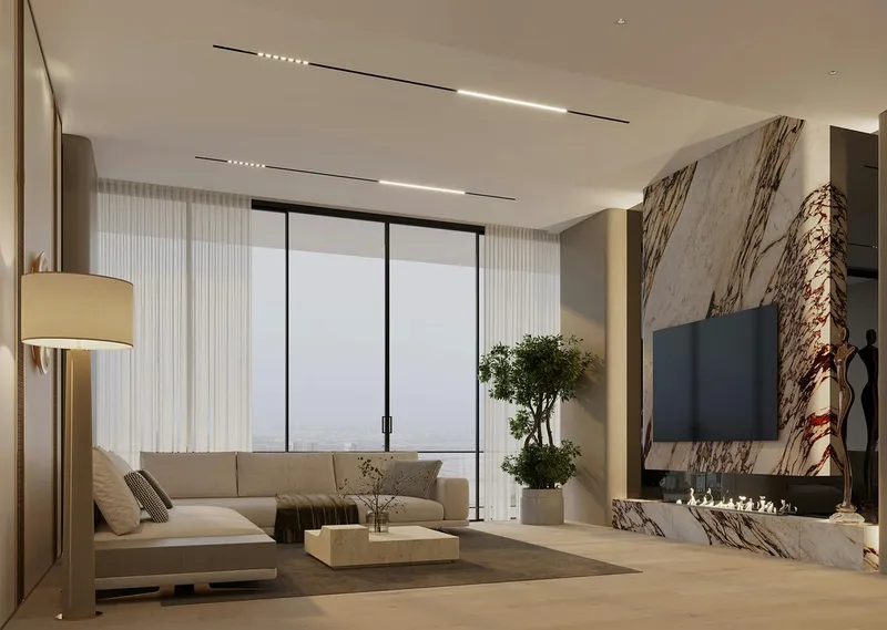 Render of a living room in a Binghatti Ghost apartment with full-height glazing and a marble feature wall