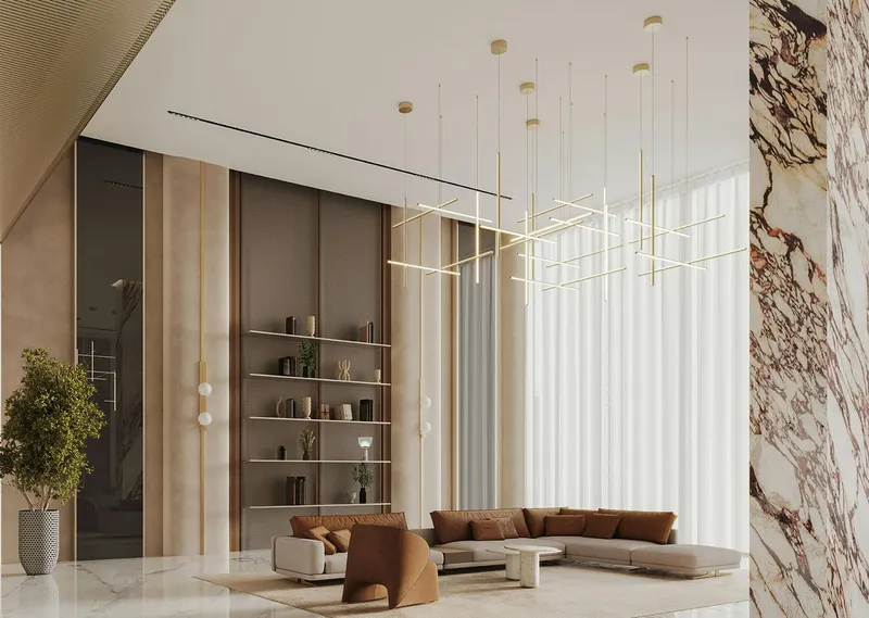 Render of the lobby lounge at Binghatti Ghost with shelving, full-height curtains and sofas