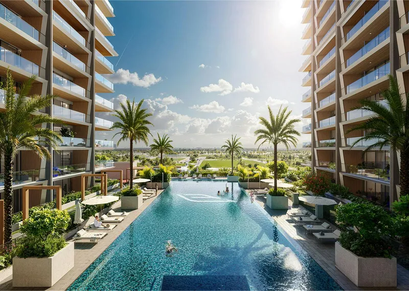 Render of the swimming pool at Binghatti Ghost, looking out between the residential blocks