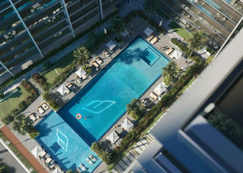 Render from above of the swimming pool, loungers and planting on the Binghatti Ghost podium