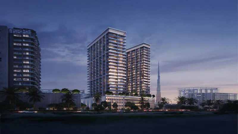 Render of Binghatti Ghost in Al Jaddaf at dusk, with the Burj Khalifa on the skyline behind