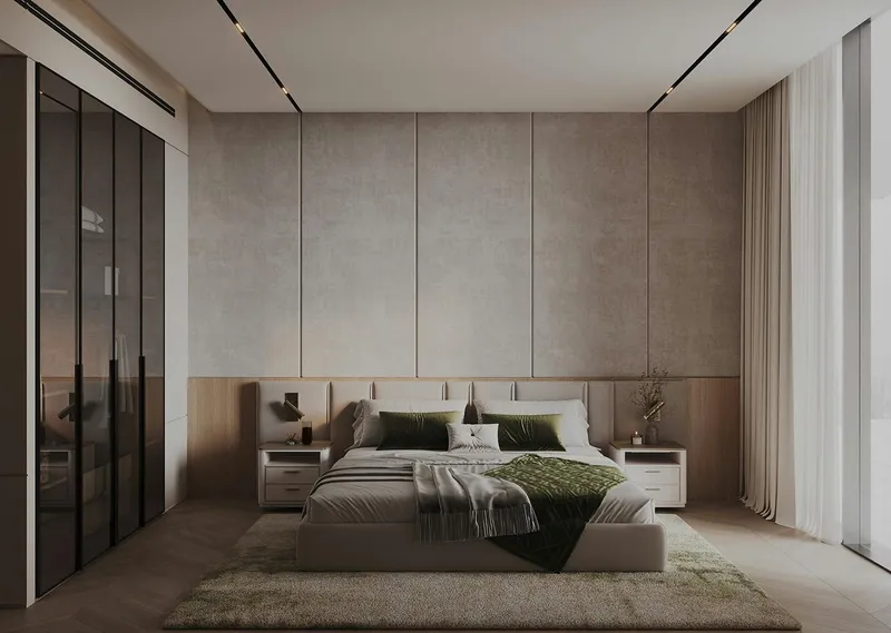 Render of a bedroom with fitted wardrobes in a Binghatti Grove apartment