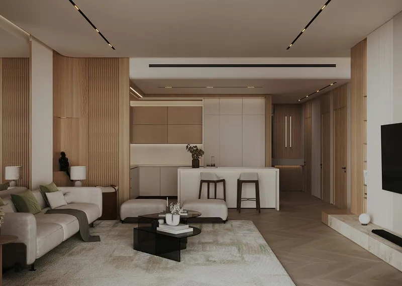 Render of an open-plan living room and kitchen in a Binghatti Grove apartment