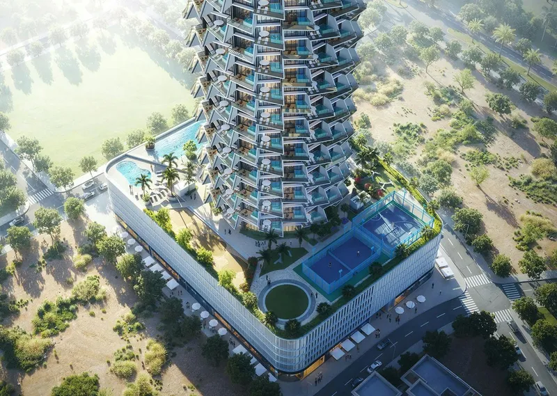 Aerial render of the Binghatti Grove podium with its sports court, pool and gardens