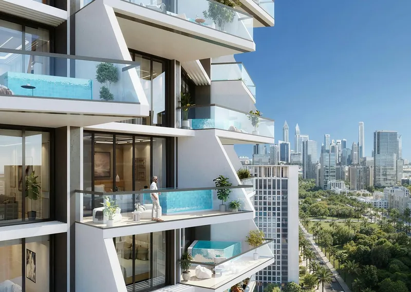 Render of Binghatti Grove balconies with private pools and a view over JVC