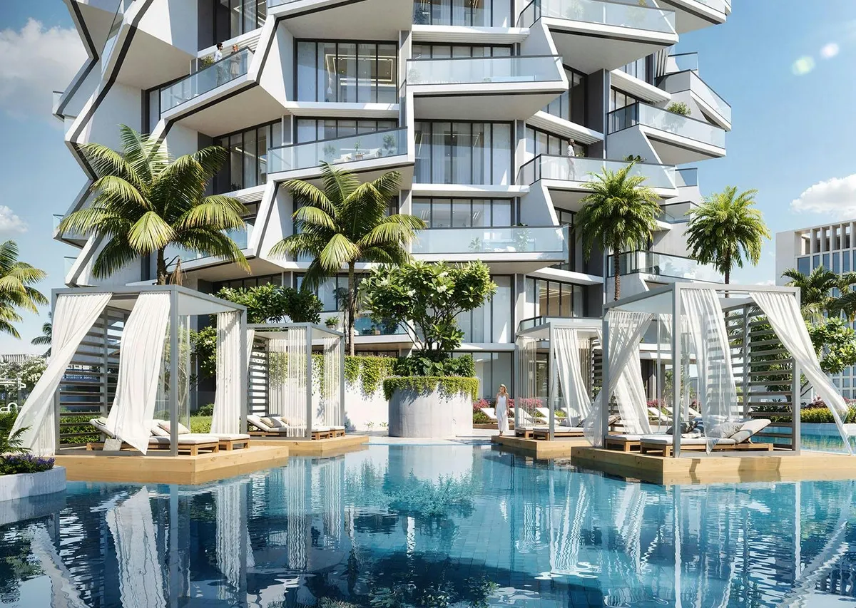 Render of the Binghatti Grove swimming pool with cabanas and palms beneath the stepped balconies