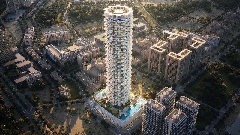 Aerial render of the Binghatti Grove tower and its podium pool deck at dusk