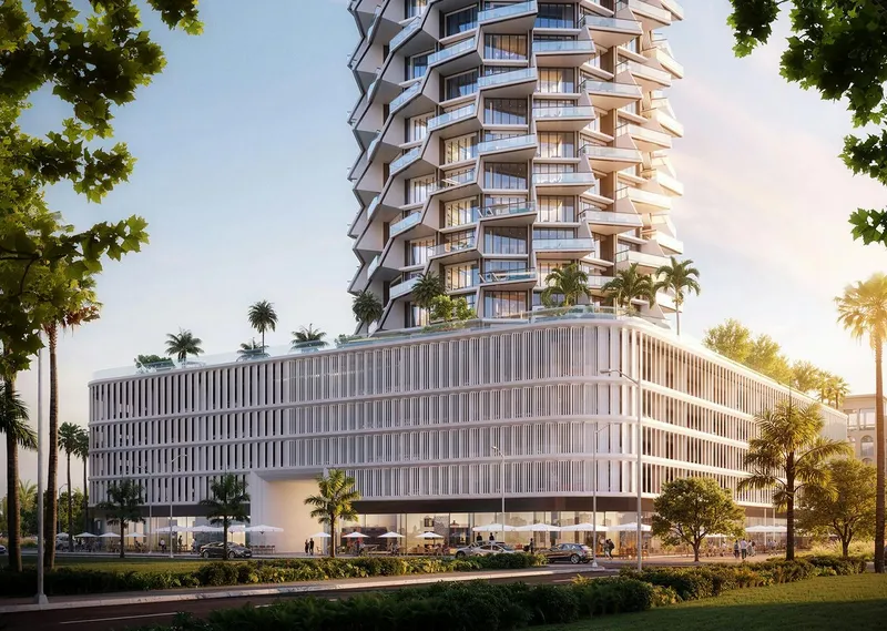 Render of the Binghatti Grove podium and the lower floors of the tower seen from the street