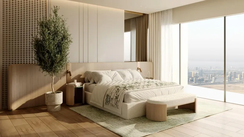 Render of a bedroom with full-height windows in a Binghatti Hillcrest apartment