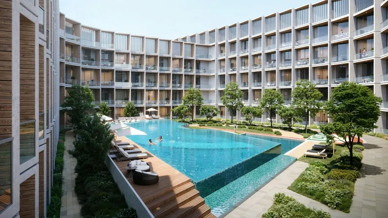 Render of the courtyard swimming pool at Binghatti Hillcrest, surrounded by the building's balconies