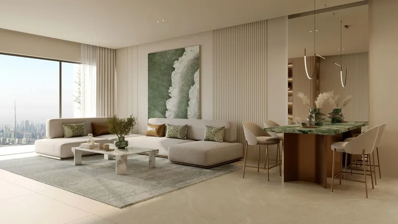 Render of a living and dining room in a Binghatti Hillcrest apartment