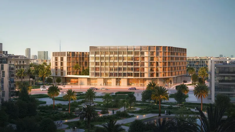 Render of Binghatti Hillcrest seen across a landscaped park with palms