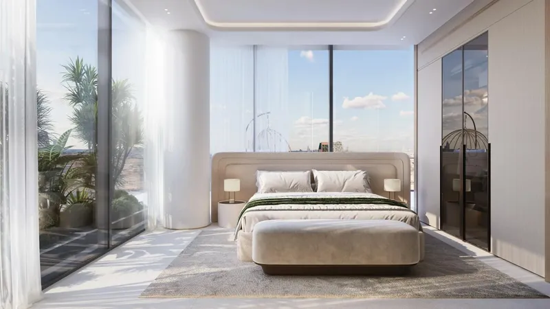 Render of a bedroom with full-height glazing in a Binghatti Hillside apartment