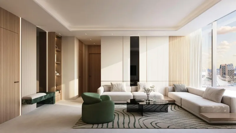 Render of a living room in a Binghatti Hillside apartment